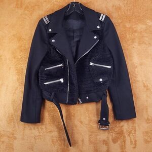 THE KOOPLES Coat Womens XS Black Faux Fur Moto Biker Wool Blend Jacket Winter